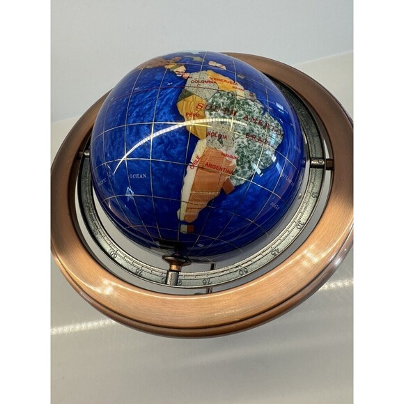 VINTAGE LAPIS LAZULI WORLD GLOBE DESK TABLE TOP GEMSTONES COPPER STAND COMPASS - Picture 11 of 16
